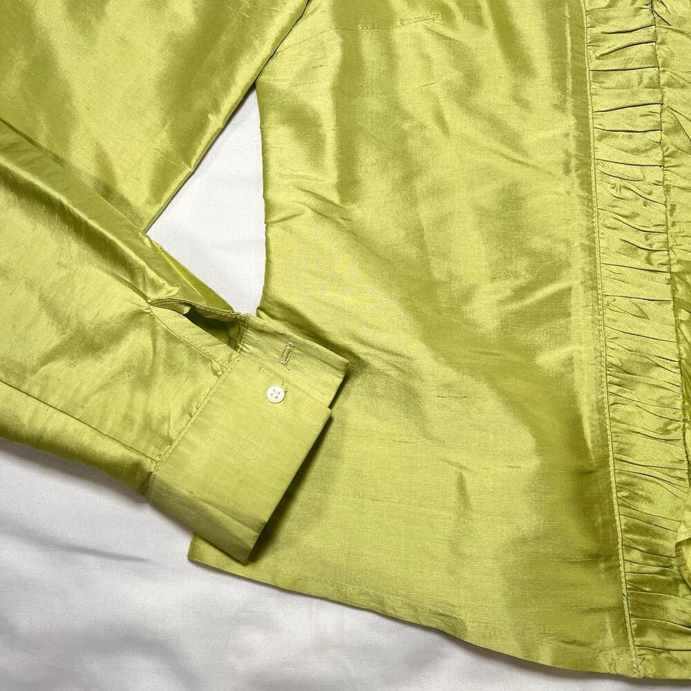 J. McLaughlin 100% Silk Shirt Size 4 Green Ruffle Neck Front Button Long Sleeve - Picture 6 of 12